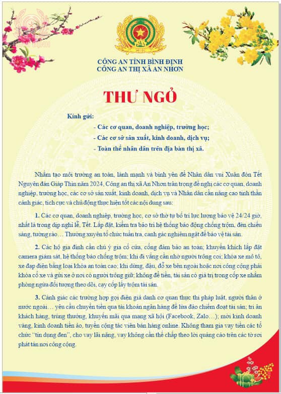 Công an thị xã An Nhơn: Cảnh giác với tội phạm trộm cắp tài sản dịp tết Nguyên đán Giáp Thìn 2024.